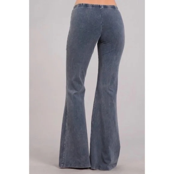 Blue Gray Boho Mineral Wash Flared Stretch Pants - Picture 3 of 6